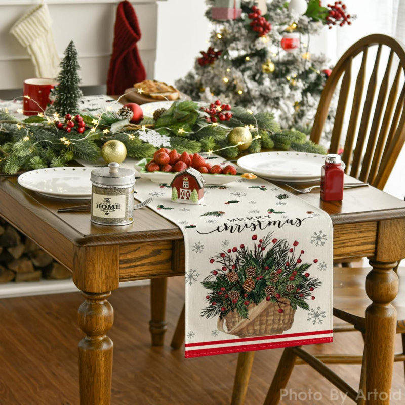 Holly Xmas Pine Basket Snowflake Merry Christmas Table Runner, Seasonal Winter Kitchen Dining Table Decoration For Home Party Decor