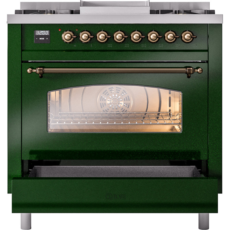 ILVE Nostalgie II 36 Dual Fuel Range, knobs, Emerald Green/Bronze, Liquid Propane