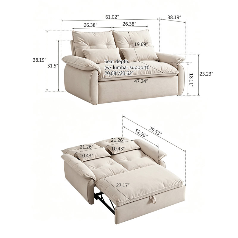 Canapé-lit convertible 61,02 po Modern, H 38,19 po x l 61,02 po x P 38,19 po