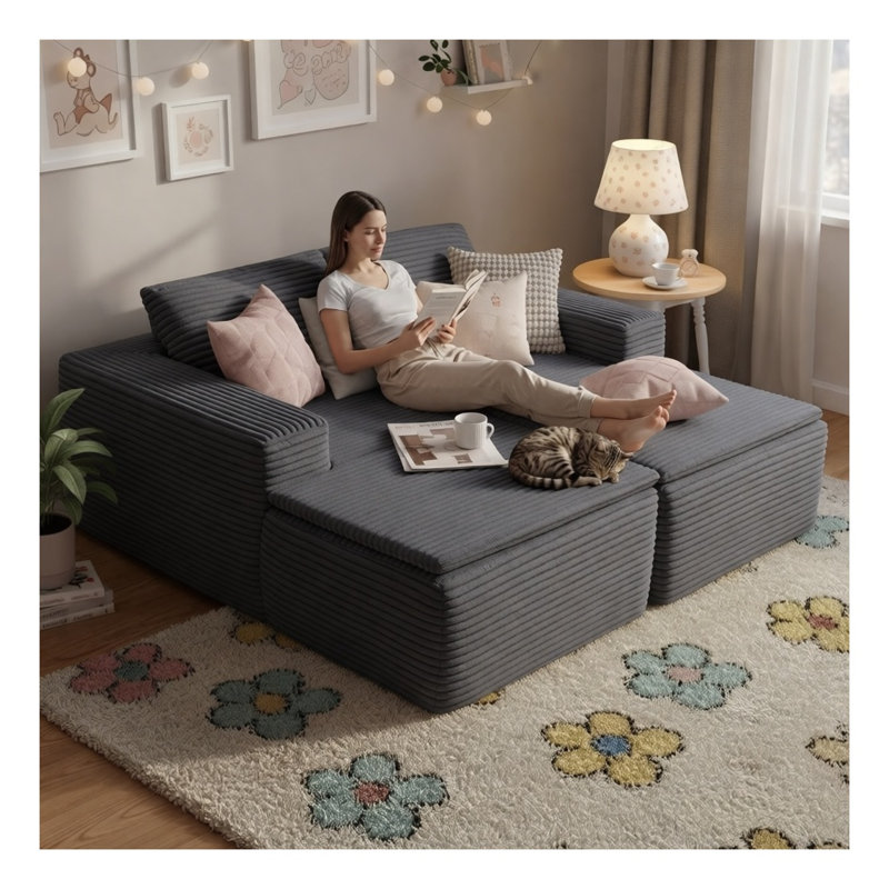 Canapé inclinable moderne 73,4 po en velours côtelé 2 places avec support à ressorts ensachés gris foncé pour salon