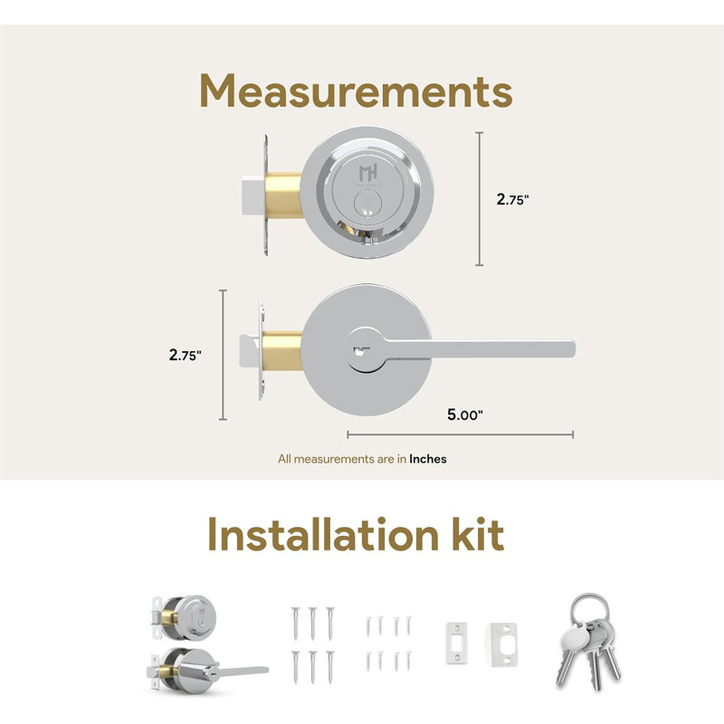 Ensemble combiné de poignées de porte d'entrée réversible et de serrure à pêne dormant cylindrique simple RALPH | Ensemble de serrures d'entrée modernes à clé pour portes intérieures et extérieures
