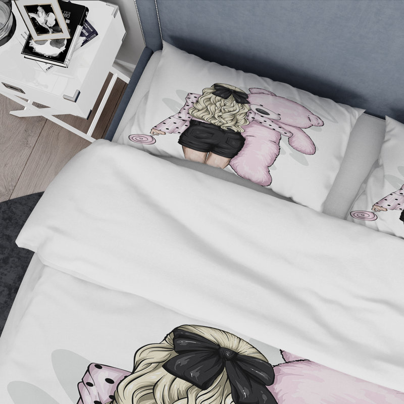 Fille avec de longs cheveux et un ours en peluche rose - ensemble de housse de couette moderne - microfibre de polyester