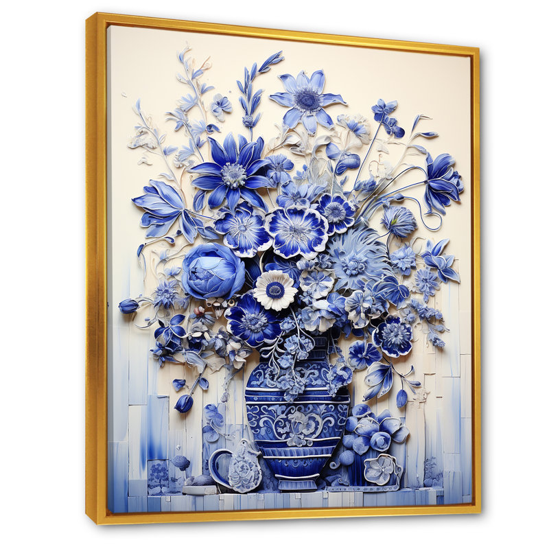 «Blue and White Boho plant Pottery II», impression sur toile Boho Pottery, Cadre flottant doré, H 44 po x l 34 po x P 1,5 po