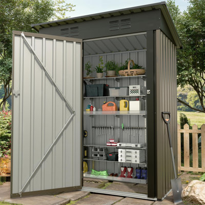 Heavy Duty Metal Outdoor Storage Shed 5x3FT – Sloped Roof, Lockable Single Door, Weatherproof Tool Organizer for Backyard, Garden, Patio (Brown)