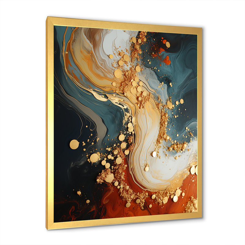 Tempête de pierre blanche, bleue et orange II abstraite, Encadrement doré, H 44 po x l 34 po x P 1,5 po