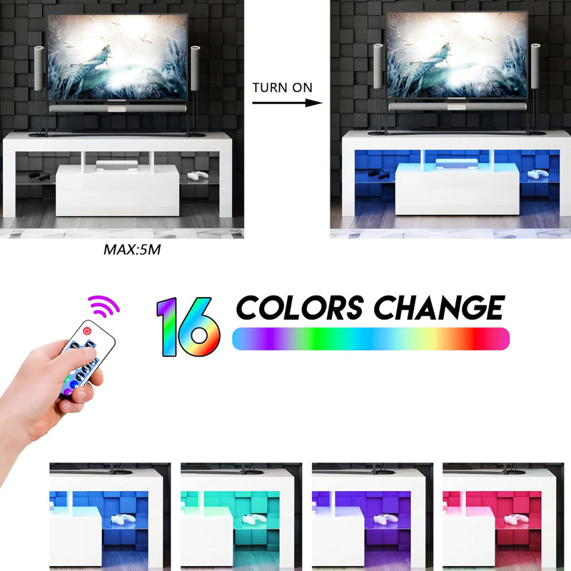 Led Tv Console For 55-inch Tvs, White, With Down Flip Door, Glass Shelf And Large Storage, Modern Bedroom & Living Room White Stand Room, Fits Storage Space, Shelf, High Glossy Front