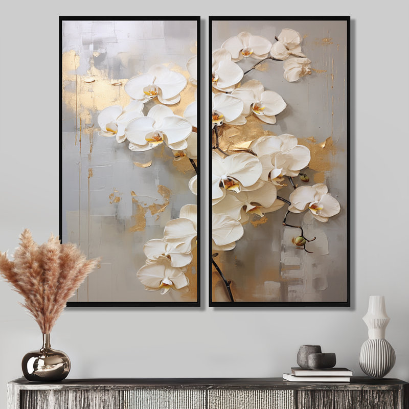 Minimalisme beige et orchidées dorées - orchidées murales, ensemble d'art mural encadré floral beige, H 32 po x l 32 po, Noir
