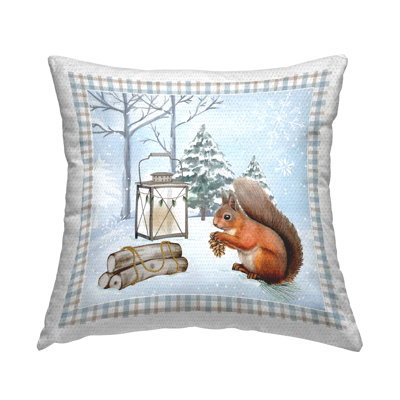 Woodland Squirrel Winter Snowflakes Outdoor Printed Pillow by ND Art