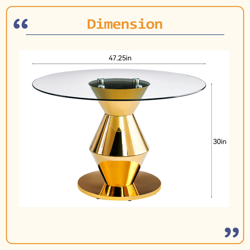 Table de salle à manger ronde de 47,25 pouces de style moderne avec miroir, convenant à 4 à 6 personnes, plateau de table en verre trempé, structure en acier inoxydable