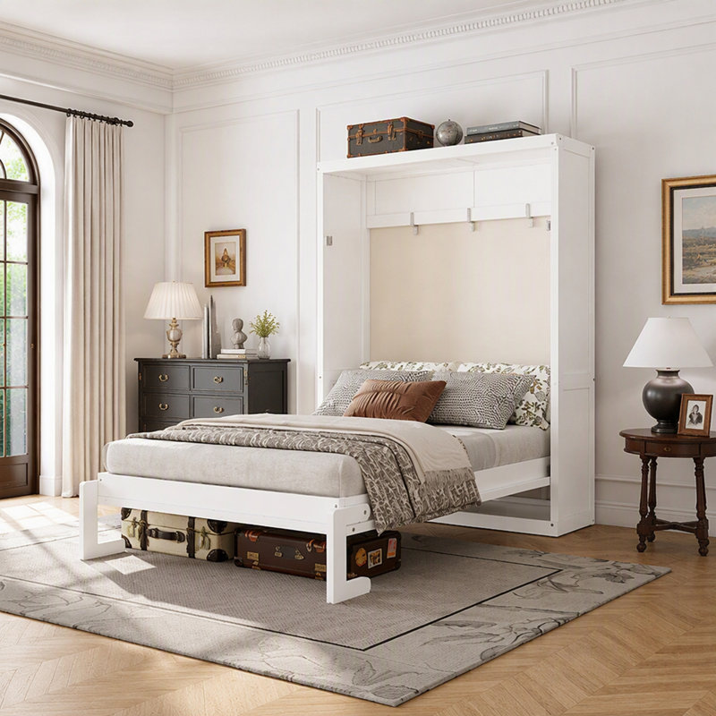 Lit escamotable avec meuble pliable, gain de place et montage facile, idéal pour les petites chambres, Lit simple, Blanc