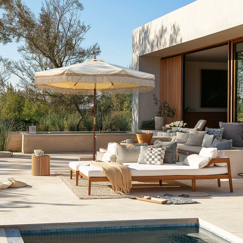 Parasol raffiné décontracté en bois massif de 7 pi Boho pour hôtel de charme, salon Vineyard Estate, spa bien-être - rustique bohémien, beurre