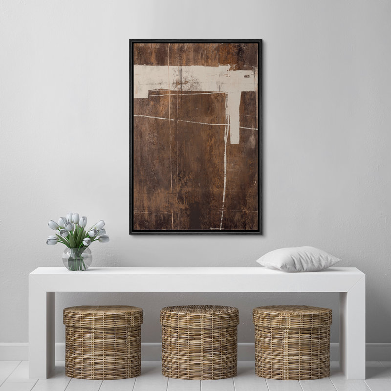 Style Mid-Century brun foncé, formes abstraites neutres, grand cadre rustique, décor minimaliste M24, H 36 po x l 24 po