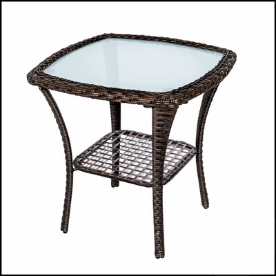Table d'appoint d'extérieur en résine tressée résistante aux intempéries, avec plateau en verre et structure en acier, idéale pour une utilisation en terrasse ou à l'intérieur, 51 x 51 x 51 cm