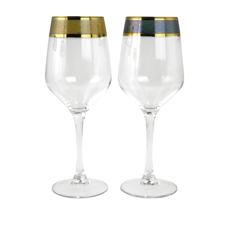 Elegant Gold Rimmed Multicolor Wine Glass Set, 8.75 Inches