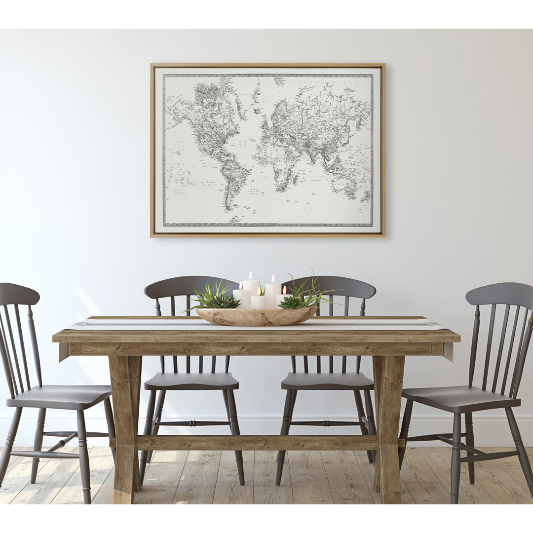 Vintage Black and White World Map by The Creative Bunch Studio Framed Canvas Wall Art Print Lark Manor™