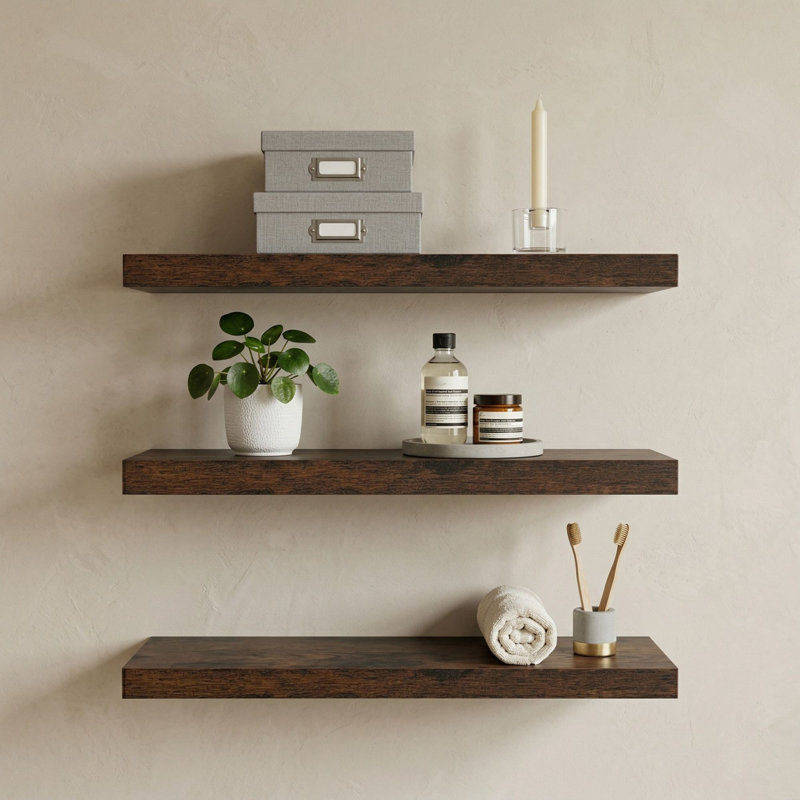 16“W Floating Shelves for Wall Decor, Kitchen, Bathroom, Workspace(set Of 3), Dark Wood
