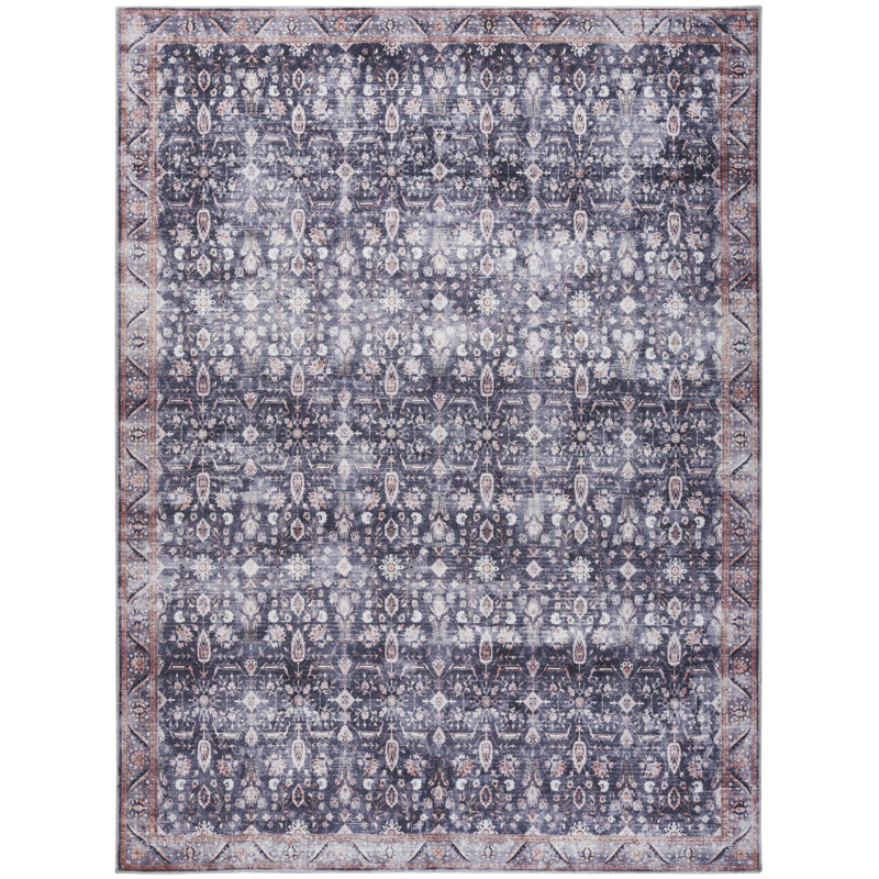 Fien Machine Washable Persian Navy Ivory Area Rug, Rectangle 7'10" x 9'10"