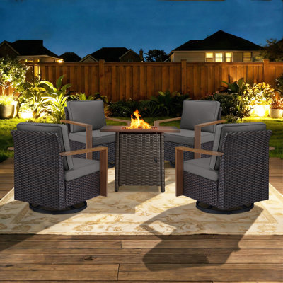 5-Piece Outdoor Modern Patio Swivel Chair Conversation Set With Fire Pit Table