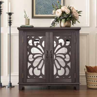Elegant Accent Cabinet With 2 Acrylic Mirrored Doors, Brown Laminates On Substrate, Spacious Storage Adjustable Shelves, 3d Wood Grain Decorative Paper, Charming Butterfly Patterns, Ideal For Kitchen