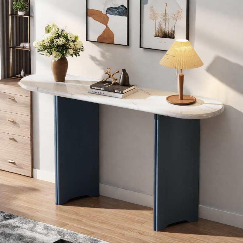 Narrow Console Table With Oval Marble Top, Curved Legs And Triangular-designed Base, Navy