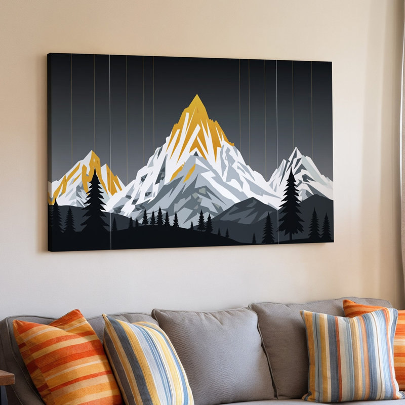 Toile, "Un paysage de montagne minimaliste frappant", art mural illuminé par une tour dorée au sommet, H 9 po x l 12 po