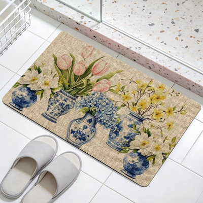 Blue White Vase Floral Door Rug, Beige, 24 X 36 In, For Indoor & Outdoor Use