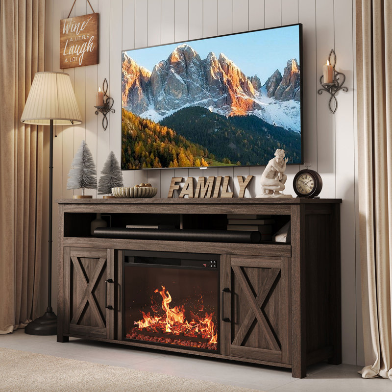 Meuble télé avec foyer électrique pour téléviseur de 65 po ou moins Claycomo, Noyer foncé