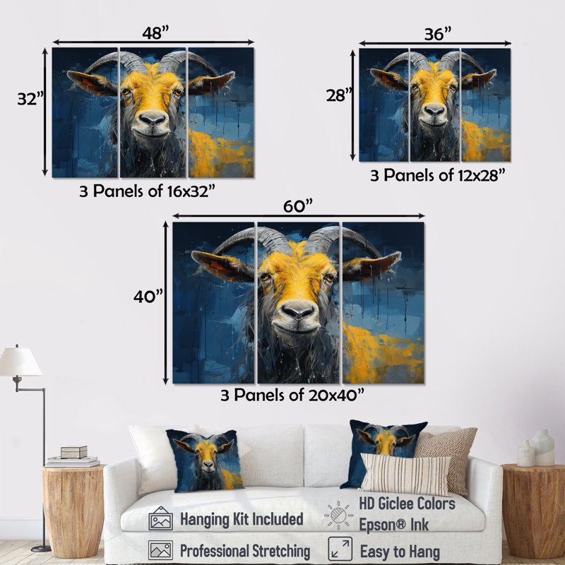 Chèvre jaune et bleu, prairie, portrait II - art mural de chèvre, H 40 po x l 60 po