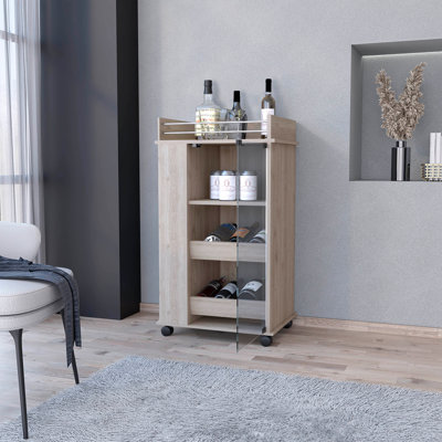 Chariot-bar en verre avec porte-bouteille et roulettes
