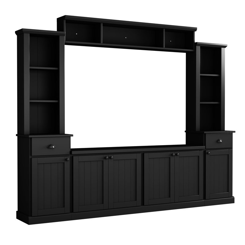 Meuble télé 75 po avec hauteur réglable et amplement d'espace de rangement, unité de rangement murale à finition noire,