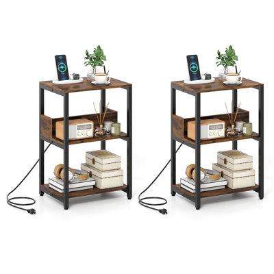 2 tables de chevet à 3 niveaux avec station de charge, tablettes ouvertes et structure en métal robuste brun