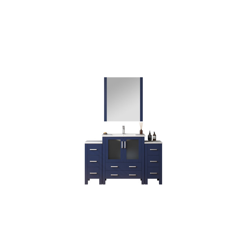Meuble-lavabo simple l 54 po x P 18,25 po avec armoires latérales, plateau en céramique blanche et miroir 28 po Volez, Marine