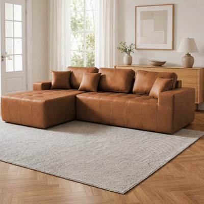 Canapé-lit de coin en similicuir avec méridienne à compression, canapé modulaire en L avec éponge haute densité, canapé convertible sans assemblage requis pour le salon, appartement, chambre d'amis (brun clair)