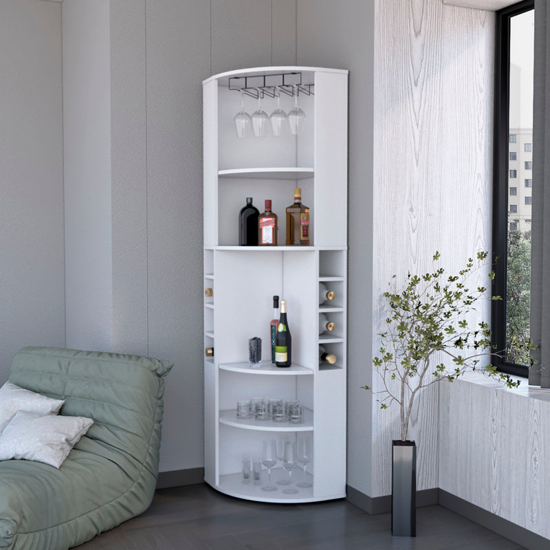 Avery 5 Large Shelves Corner Bar Cabinet, White