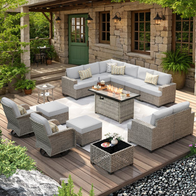 12 - Person Patio Furniture Set with Swivel Rockers, Outdoor Wicker Rattan Sectional Seating Group with Cushions, All Weather Sofa Conversation Set with Fire Pit Table for Garden Backyard