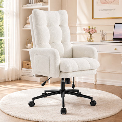 High-Back Ergonomic Office Chair with Adjustable Lumbar Support, Thick Padding, and Storage Pockets - Teddy Fleece or Cat-Resistant Leather