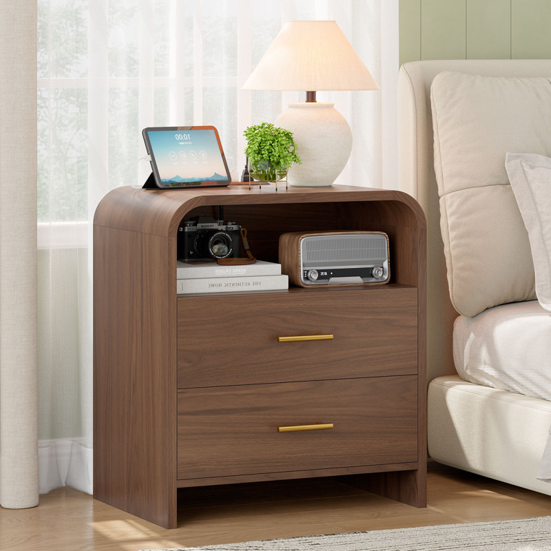 2 Drawers Nightstand Set, Mid Century Modern Bedside Table With Charging Station, 23.6'' Wide Wood End Table For Bedroom, Curved Profile Design, Walnut (Set Of 2)