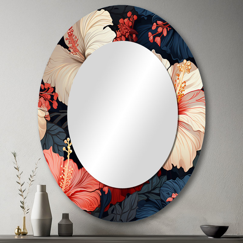 Hibiscus Twilight Ii Tropical Pattern - Floral Oval Decorative Mirror On Metal, 43" H x 33" W