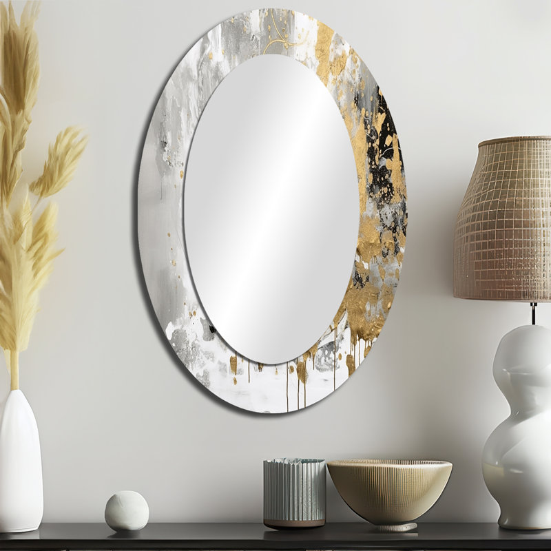 White and Gold Modern Abstract - White Modern Oval Wall Mirror, 36" x 24"