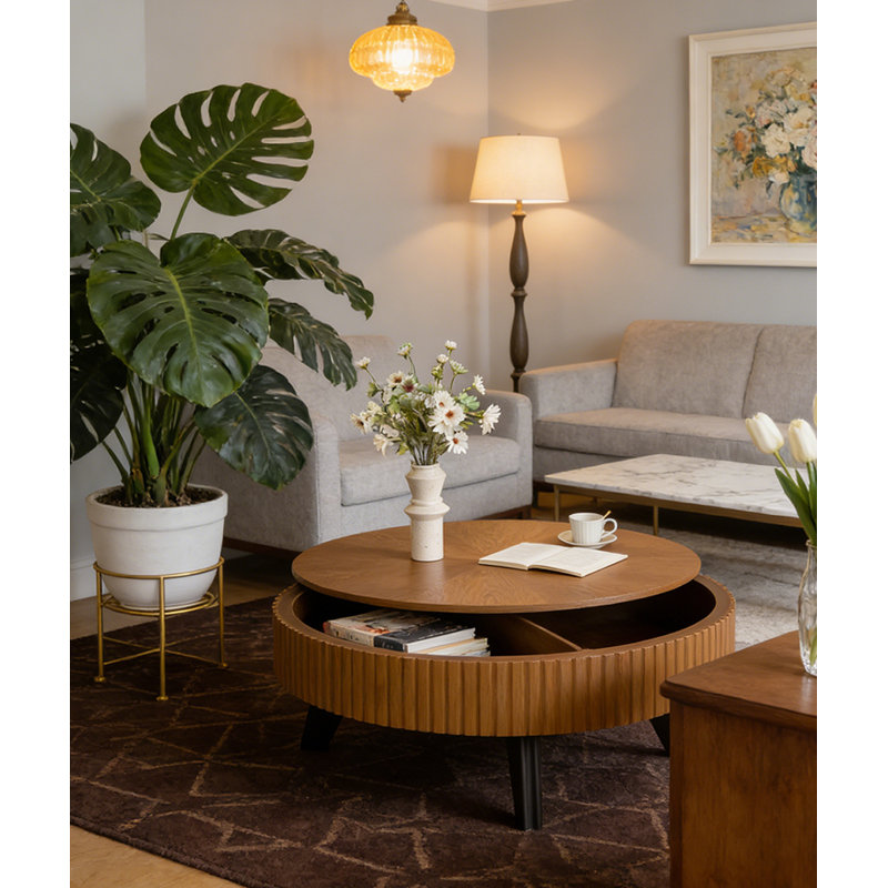 Table basse ronde avec espace de rangement, 39.37, Naturel