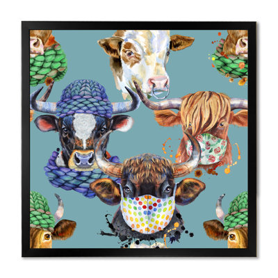 «Colorful Bulls on Blue», impression sur toile
