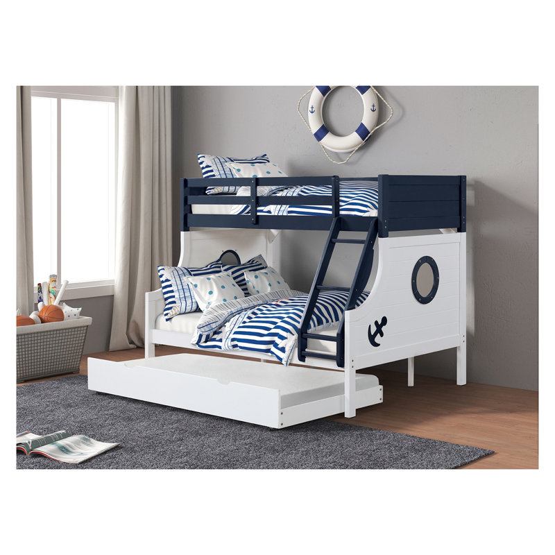 Lit superposé simple au-dessus d'un lit double avec échelle attachée, bleu et blanc