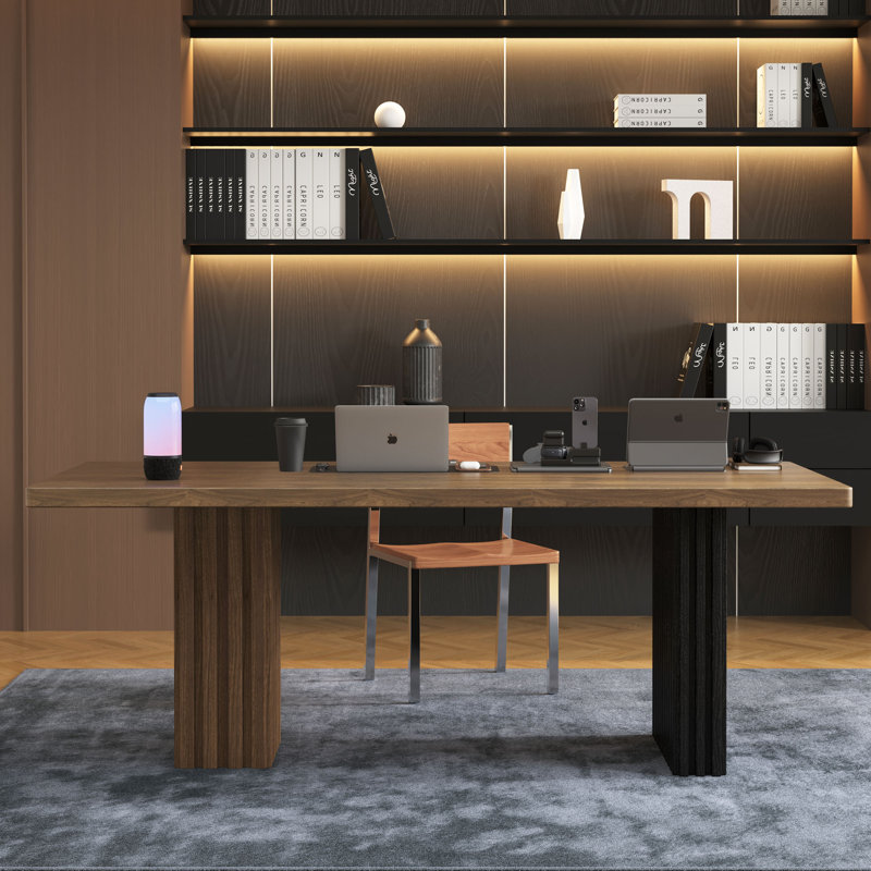 Bureau d'écriture moderne, grand bureau de 66,9 po avec base cannelée à deux tons, bureau à domicile