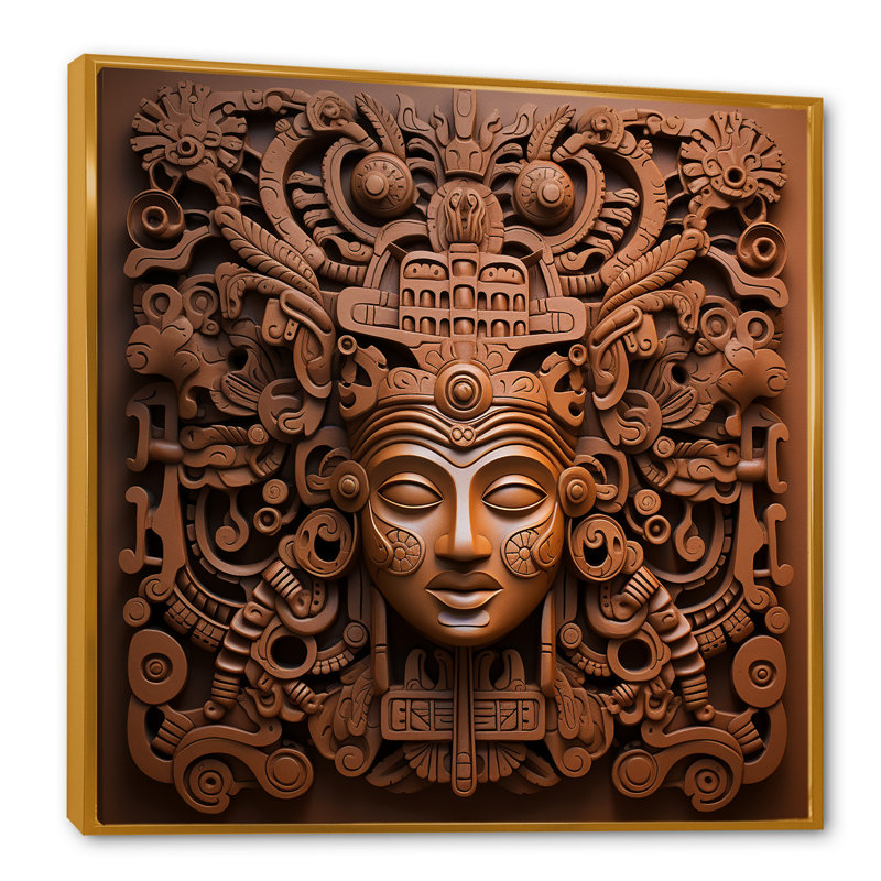 «Mesoamerican Terracotta Mask I», reproduction sur toile, Cadre flottant doré, H 36 po x l 36 po x P 1,5 po