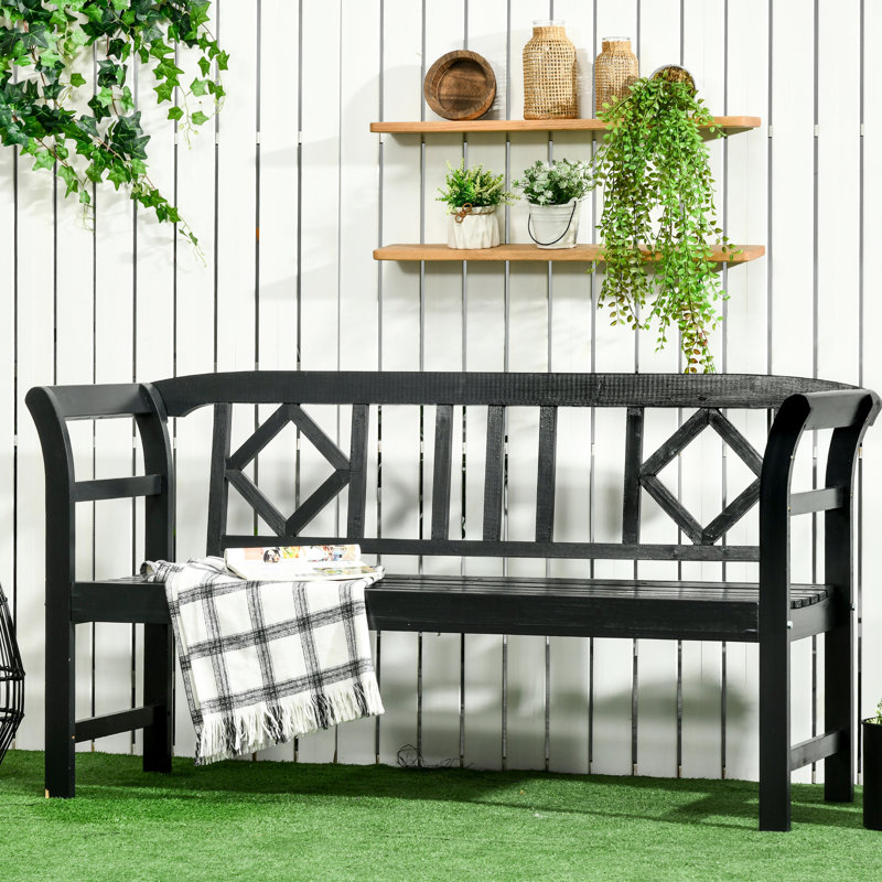 Banc de jardin noir extérieur rustique, patio en bois avec et, motif à losanges pour 3 personnes