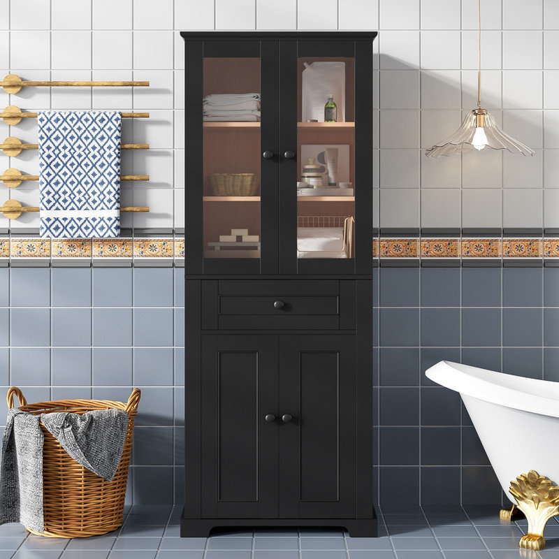 Freestanding Bathroom Vanity Cabinet with Glass Doors, Black