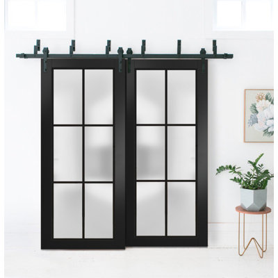 Portes de grange coulissantes en verre givré avec quincaillerie | Planum 2122 | Ensemble de quincaillerie robuste pour rails 6,6 pi | Portes de garde-robe modernes en bois massif - verre givré