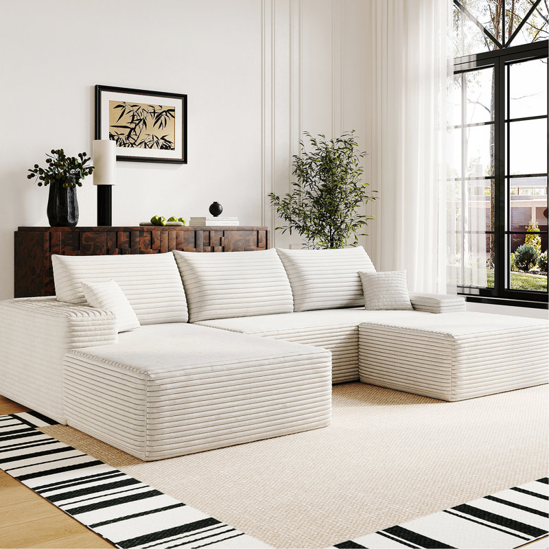 Canapé modulaire blanc moderne à 4 places avec canapé de coin profond de 107 po, velours côtelé, sans assemblage, siège confortable pour la maison, design, fauteuil confortable