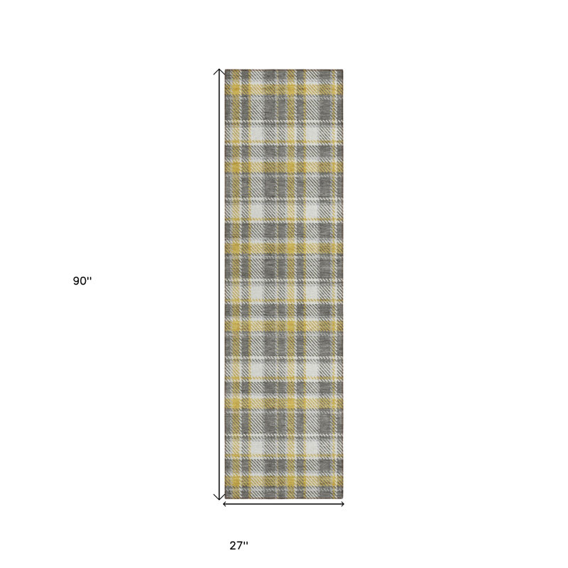 8' Runner Gray Yellow and White Plaid Washable Non Skid Indoor Outdoor Runner Rug