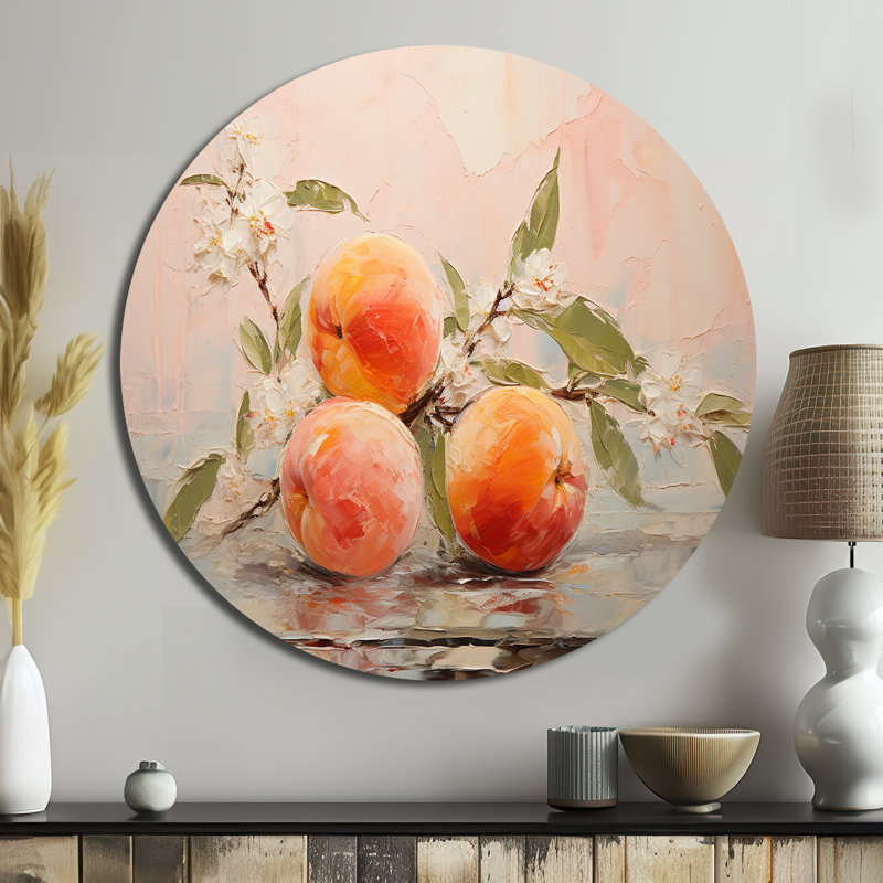 Fruit abstrait pêche - nourriture et boissons, art en métal rond, H 36 po x l 36 po